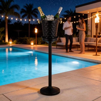 JIAWANSHUN Stainless Steel Champagne Ice Bucket with Stand, 32in Height Black Gold Wine Chiller, 15LB Heavy Duty Ice Bucket with Handle for Party, Bar, Club, Wedding & Commercial Use