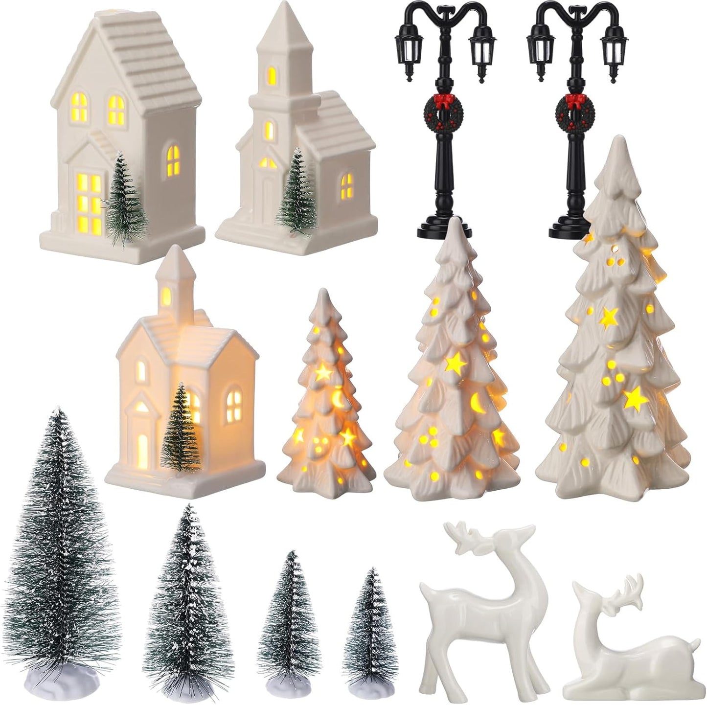 Nuogo 14 Pcs Ceramic White LED Christmas Village Houses Set | Includes Tree & Reindeer Figurine
