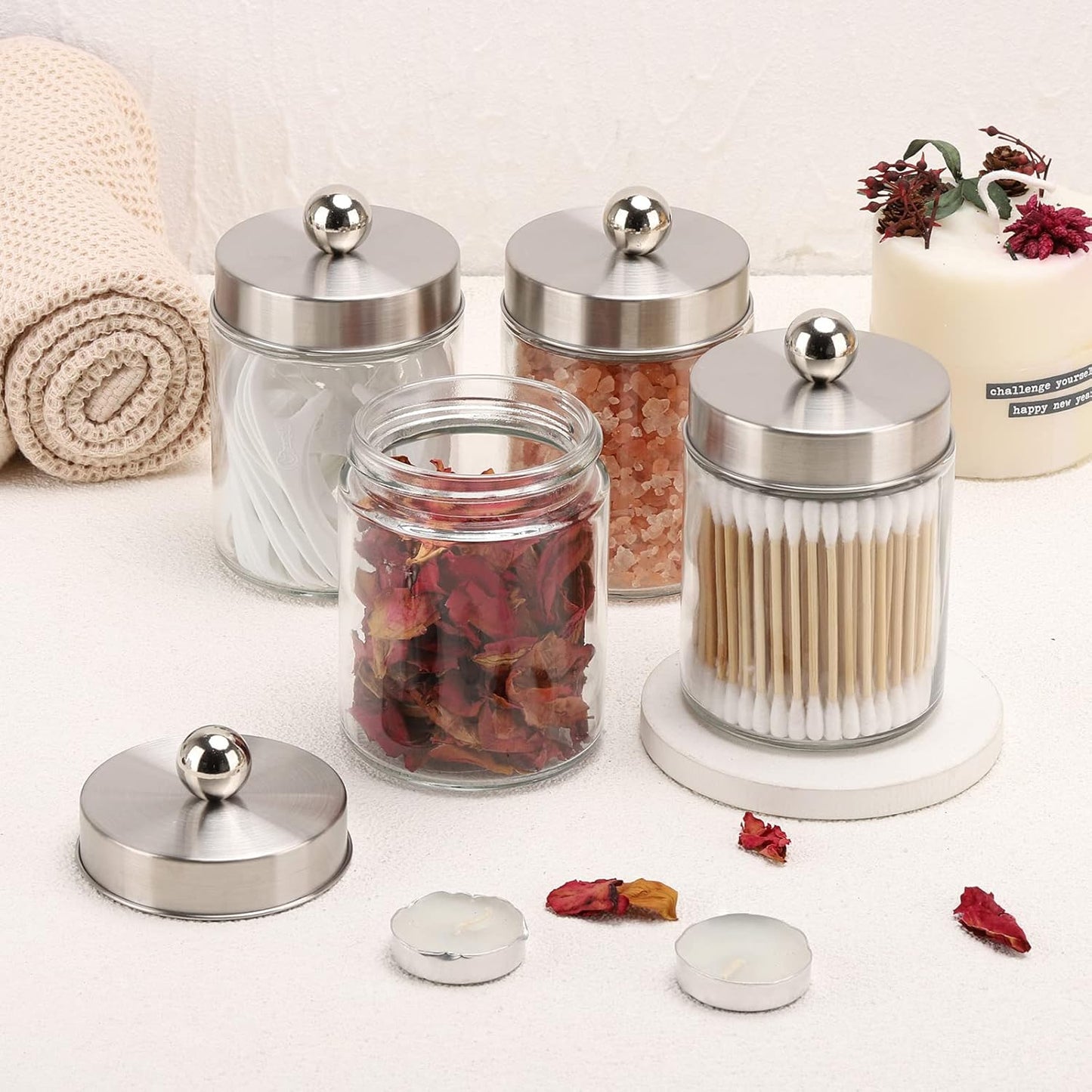 Tbestmax Glass Qtip Holder Dispenser - 10-Ounce Bathroom Containers with Metal Lids | 4-Pack Apothecary Jars