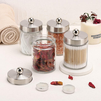 Tbestmax Glass Qtip Holder Dispenser - 10-Ounce Bathroom Containers with Metal Lids | 4-Pack Apothecary Jars