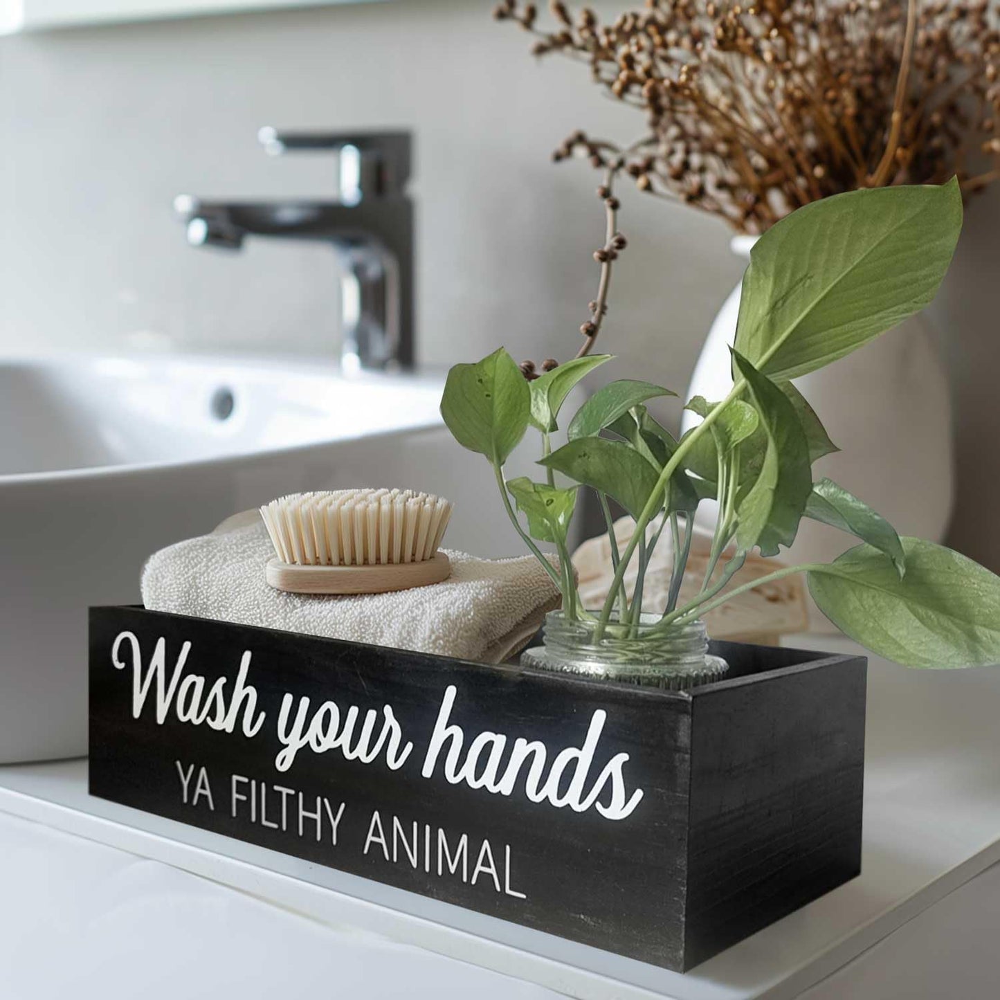 Skiennix Rustic Bathroom Decor Box - Farmhouse Toilet Paper Basket with Dual-Sided Signs | Black