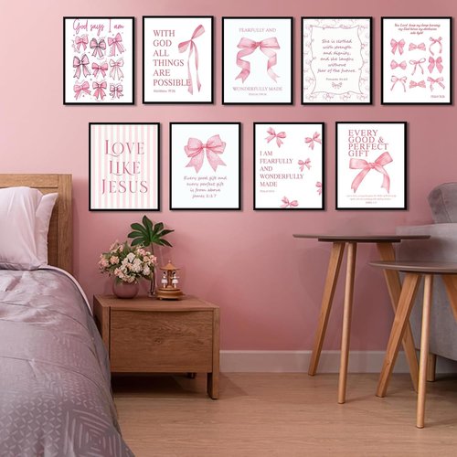 Coquette Pink Bow Wall Art - Inspirational Bible Verses Canvas Prints | 8x10 Unframed Decor for Teen Girls