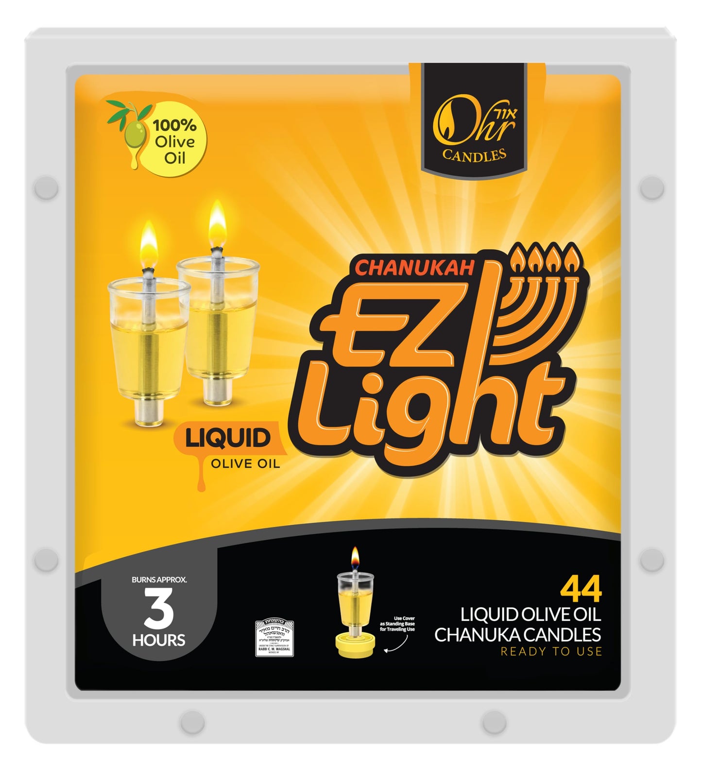 Pre-Filled Menorah Oil Cup Candles - Hanukkah EZ Lights - 100% Olive Oil with Cotton Wick in Cup - 44 Pack, Burns Approx.3 Hrs