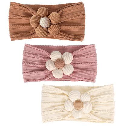 MIUXUESO Baby Flower Headbands - Soft Nylon Hair Accessories for Newborns & Toddlers | 3 Pcs Set (Yellow, Pink, Brown)