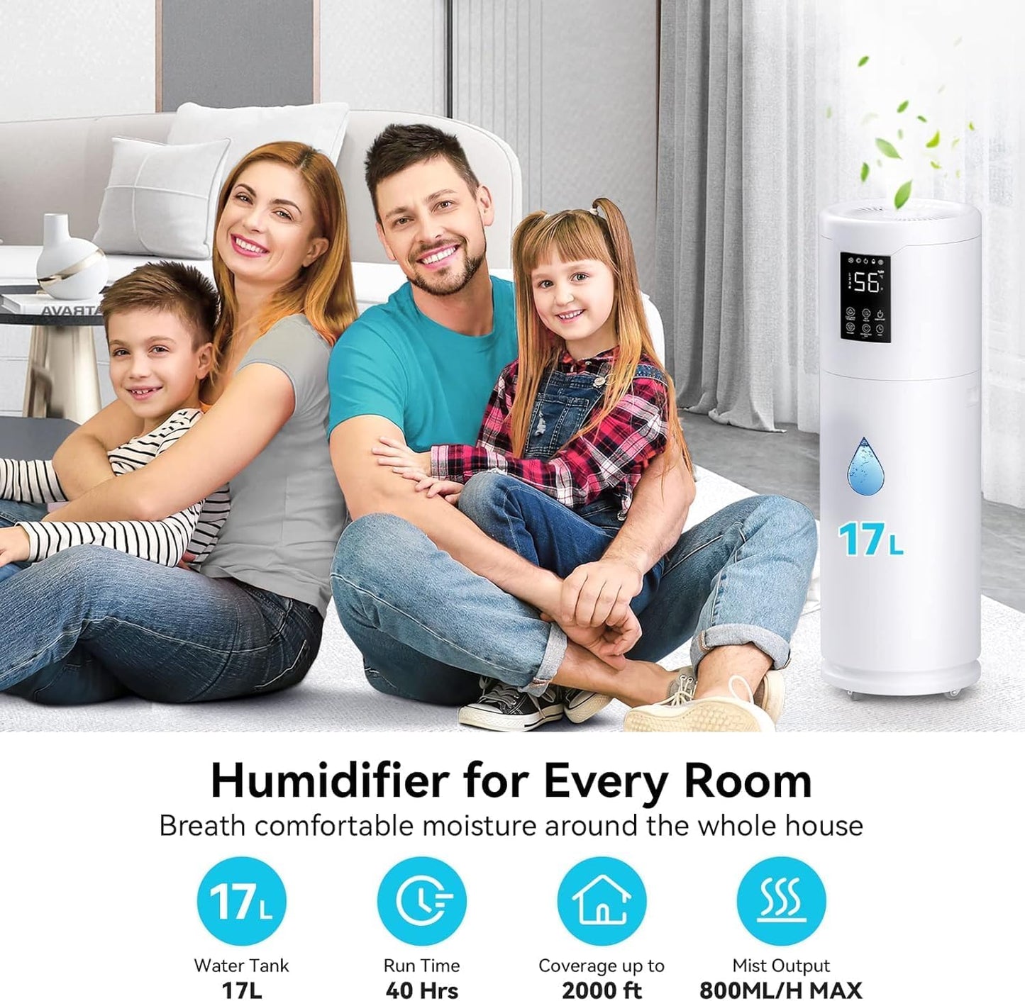 Skiennix Large Humidifier - 17L/4.5Gal Top Fill Design with 360° Nozzle for Homes & Offices