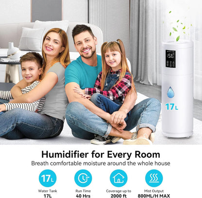 Skiennix Large Humidifier - 17L/4.5Gal Top Fill Design with 360° Nozzle for Homes & Offices