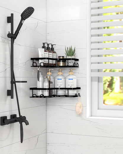 Sakugi Corner Shower Caddy - Rustproof Stainless Steel Organizers with 8 Hooks | No-Drill, Space-Saving Design, Black - 2 Pack