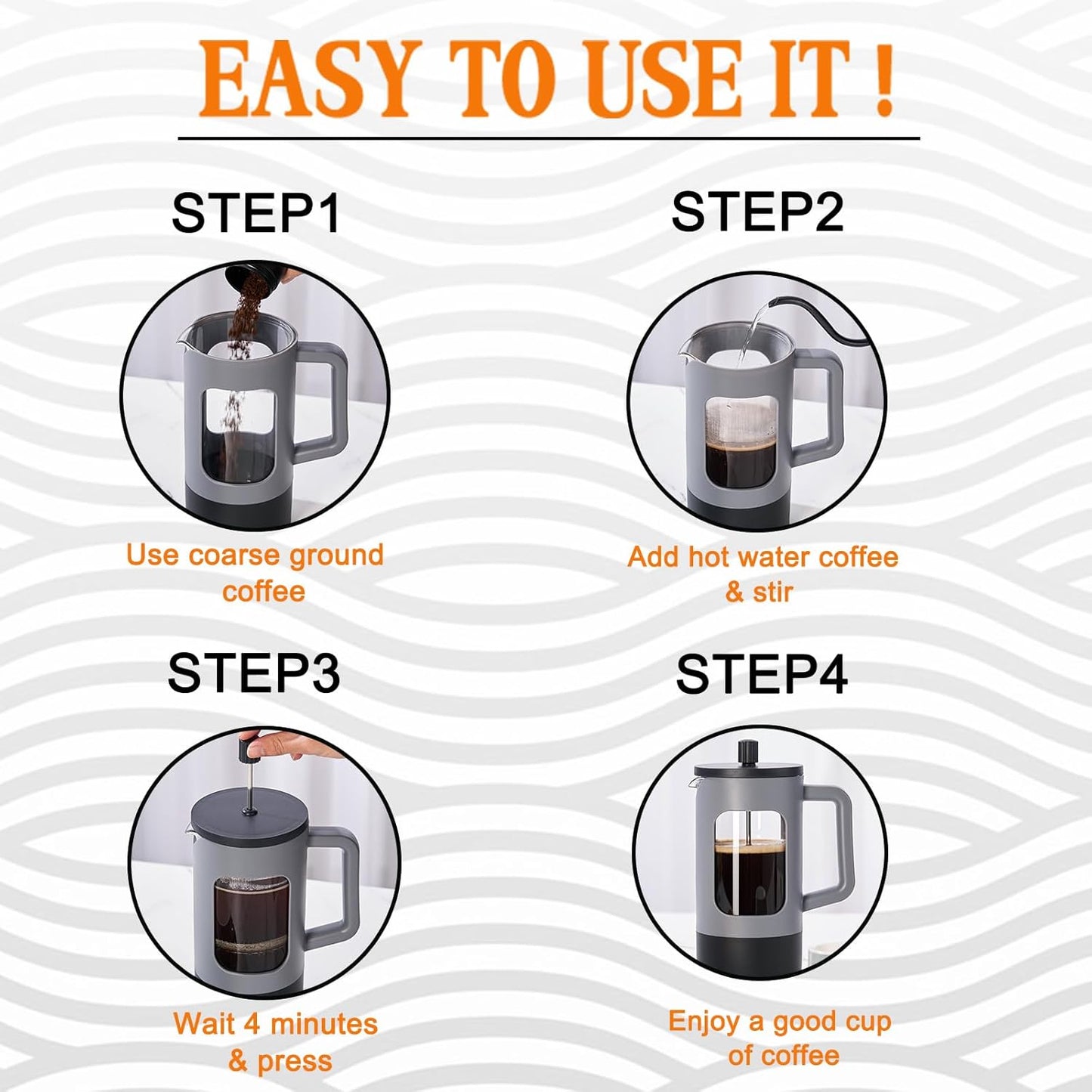 YOLIFE French Press Coffee Maker - 21 oz Portable Tea & Coffee Press with Heat-Resistant Glass | Grey & Black