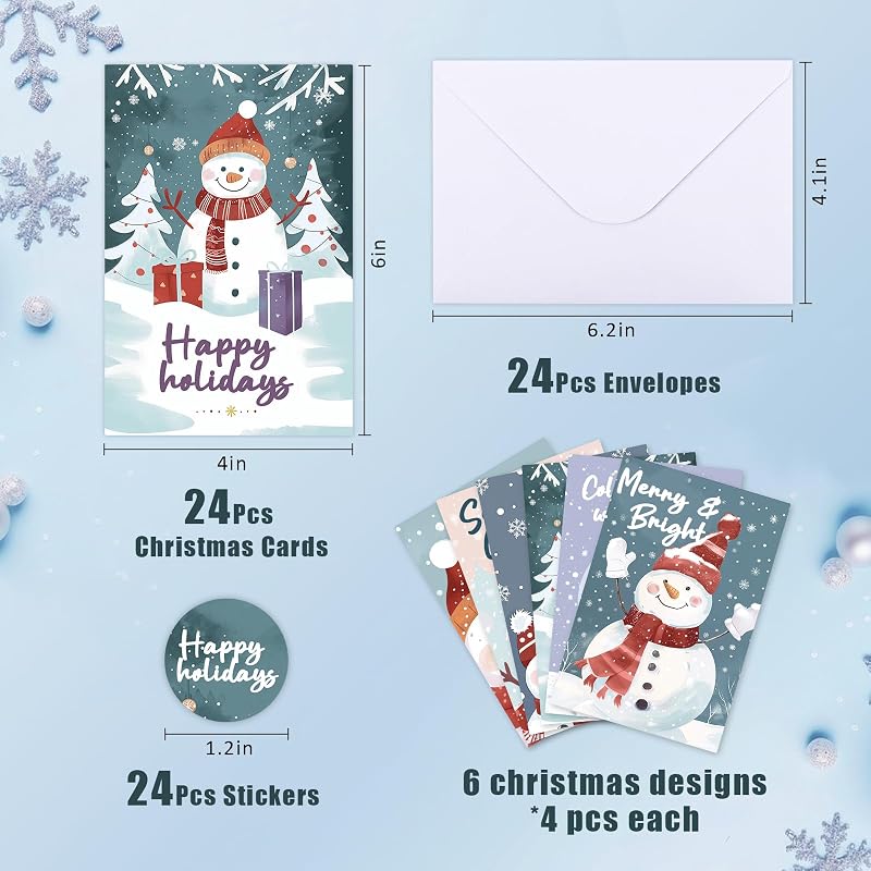 White Snowman 24-Pack Holiday Greeting Cards with Envelopes & Stickers – 6 Designs, 4x6 Inches