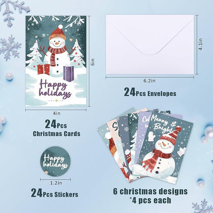 White Snowman 24-Pack Holiday Greeting Cards with Envelopes & Stickers – 6 Designs, 4x6 Inches
