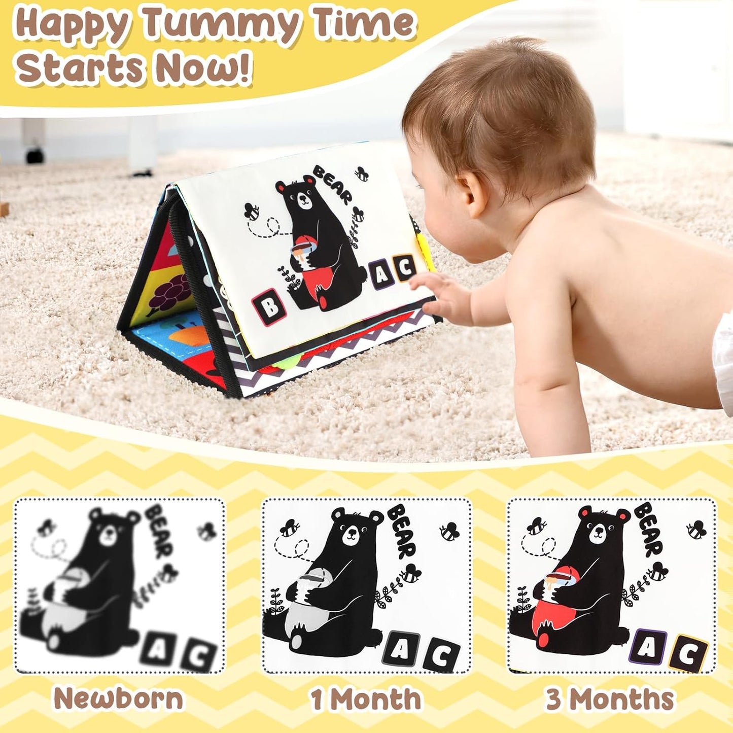 URMYWO Tummy Time Toys - High Contrast Black and White Baby Visual Stimulation Mirror | Montessori Sensory Crinkle Toy for Infants 0-12 Months