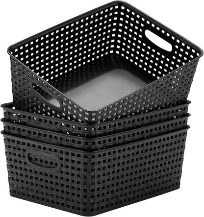 Eslite Plastic Storage Baskets - Organize Your Space | Pack of 4, 11" x 8.5" x 4.7", Black