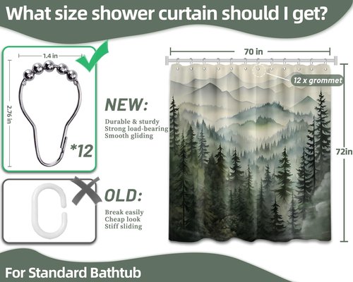 QGHOT Mountain Shower Curtain Green Forest Nature Shower Curtains for Bathroom Rustic Woodland Pine Tree Landscape Bath Decor Sets, Waterproof Polyester Fabric with Hooks, 70x72in