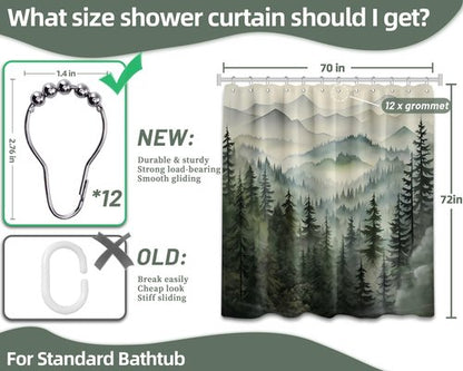 QGHOT Mountain Shower Curtain Green Forest Nature Shower Curtains for Bathroom Rustic Woodland Pine Tree Landscape Bath Decor Sets, Waterproof Polyester Fabric with Hooks, 70x72in