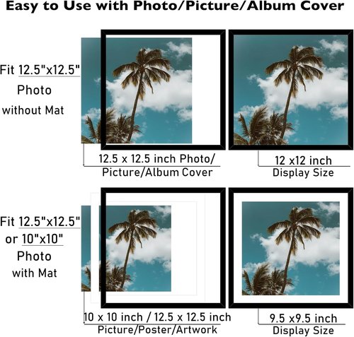 JCJMY Vinyl Record Frame - 12.5x12.5 with 10x10 Mat for Album Covers | Black Wall Display