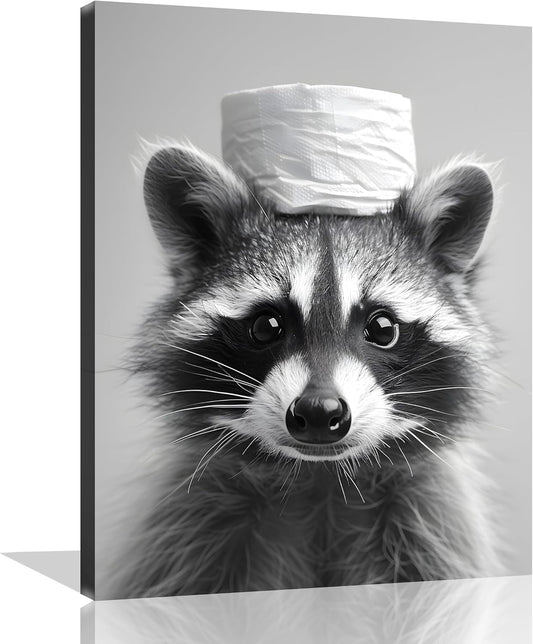 Raccoon Bathroom Wall Art - Funny Animal Canvas Print | Black & White Toilet Paper Decor | 8x10 Inch Framed