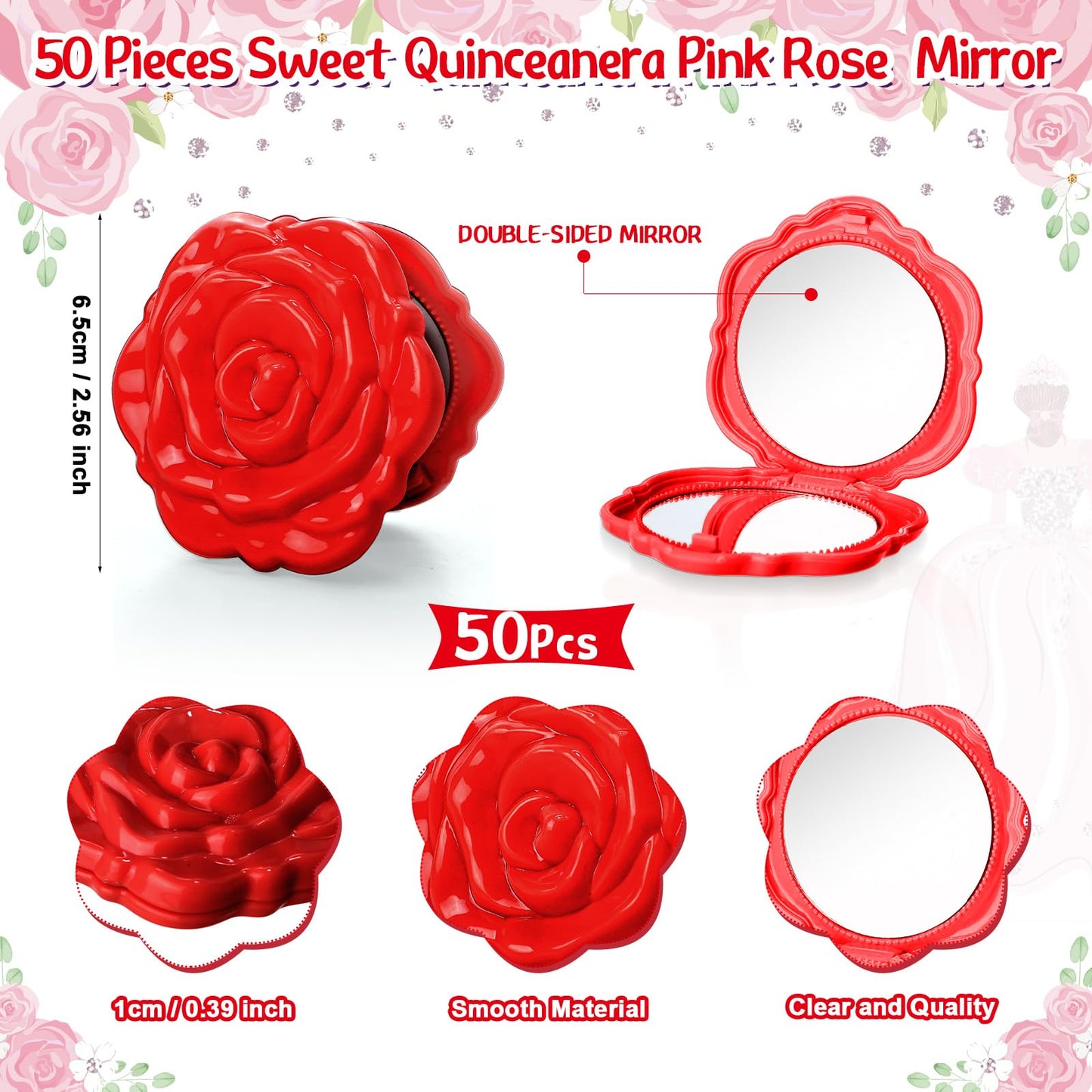 Wenqik 50 Sets Quinceanera Party Favors for Guests Rose Design Compact Pocket Mirrors Quinceanera Cards Thank You Gift and Organza Bags Sweet 15 Mis Quince Birthday Party Favor (Red)