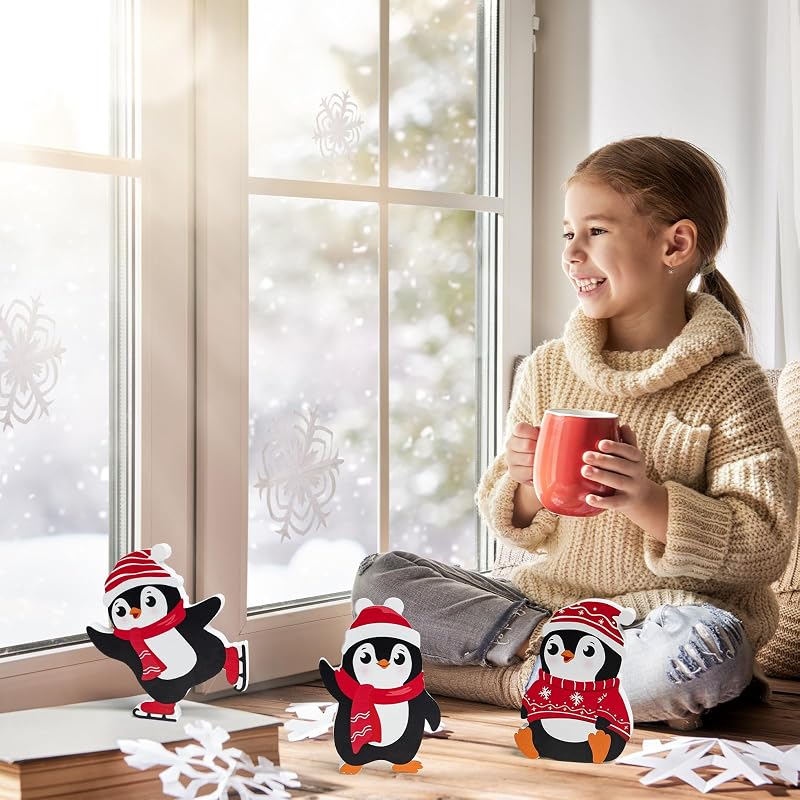 Red Penguin Christmas Decorations Set of 3 — Wooden Tiered Tray Blocks for Desk, Shelf, Home or Office