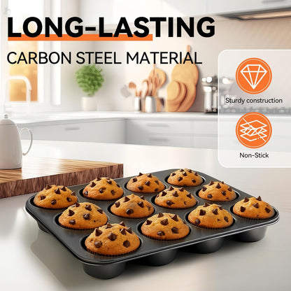 Yoehka Muffin Pan Set - Nonstick 12-Cup Baking Tin for Perfect Cupcakes | Durable Carbon Steel