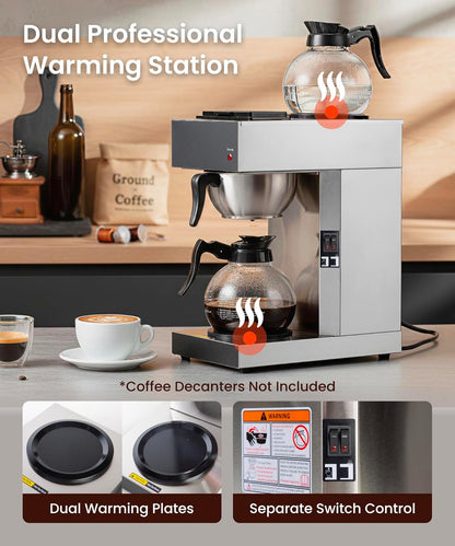 SYBO 12-Cup Commercial Coffee Maker - Industrial Stainless Steel Brewer with 2 Warmers
