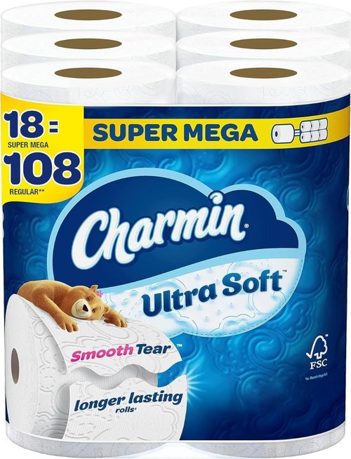 Charmin Ultra Soft Super Mega Toilet Paper, 2-Ply, White, 366 Sheets/Roll, 6 Rolls/Pack, 3 Packs/Carton (01568)