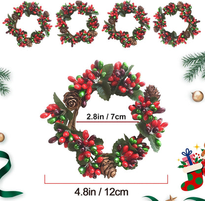 Skiennix Mini Christmas Candle Rings - Red Berry & Pinecone Wreaths for Tea Lights | Holiday Decor