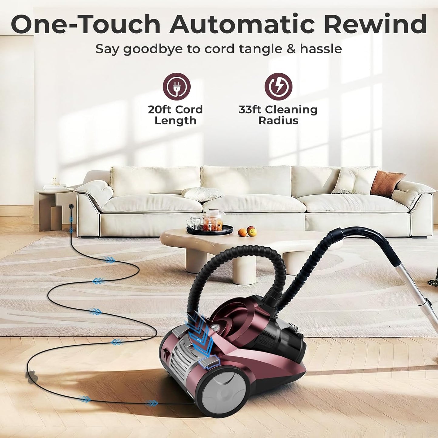 Skiennix Canister Vacuum Cleaner - 1600W Bagless Design with 45Kpa Suction Power | 4Qt Dust Cup, 5 Tools, Lightweight for Home & Pets - Red
