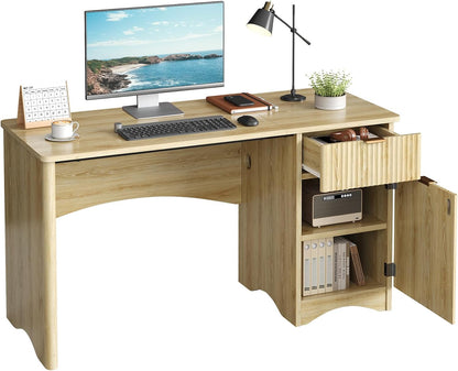 Bestier 47-Inch Fluted Computer Desk - Modern Wood Office Desk with Drawer & Storage Cabinet in Natural Oak