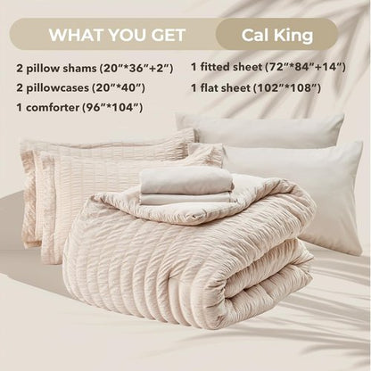HYMOKEGE California King Comforter Set - 7-Piece All-Season Luxury Bedding in Beige with Sheets & Pillowcases