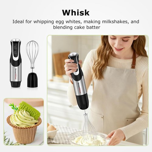 Bonsenkitchen 4-in-1 Immersion Blender - Handheld 12-Speed Mixer with Turbo Mode & Stainless Steel Blade | Includes Whisk, Beaker & Chopper Bowl