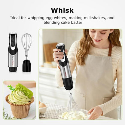 Bonsenkitchen 4-in-1 Immersion Blender - Handheld 12-Speed Mixer with Turbo Mode & Stainless Steel Blade | Includes Whisk, Beaker & Chopper Bowl