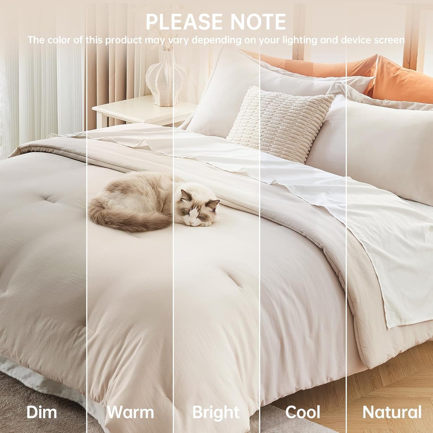 MUXHOMO Queen Size Comforter Set - Beige 3-Piece Solid Bedding for All Seasons | Lightweight Down Alternative (90"x90")