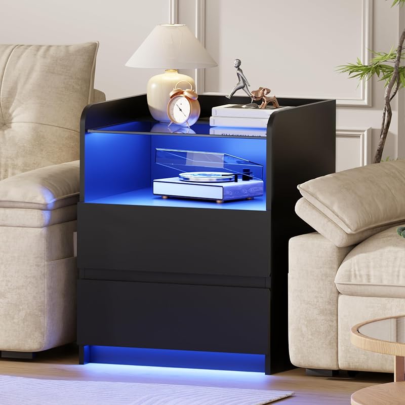 Night Stand with Charging Station and LED Lights - 2 Drawers, Glass Top