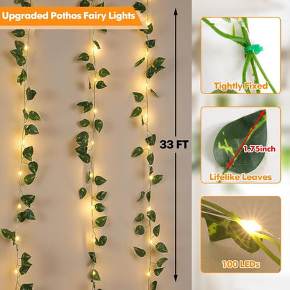 Lakumu Fairy Lights - 33ft 100 LED Rechargeable Pothos String Lights with Timer | Warm White for Bedroom, Garden, Party Decor