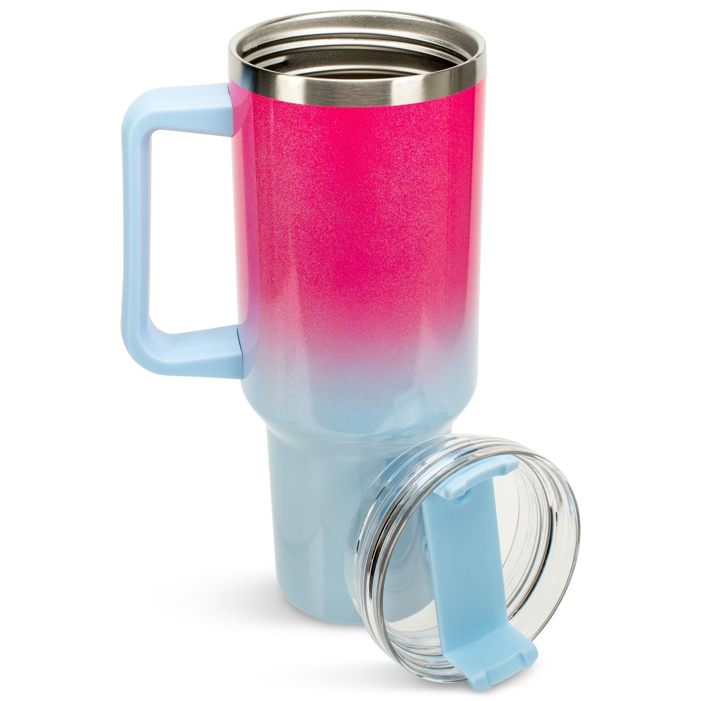 Elanze Designs 40 oz Stainless Steel, Large Water Bottle, Coffee Mug, Spill & Leak Resistant, Thermal Travel Tumbler With Handle, Lid & Straw, Hot Pink/Sky Blue