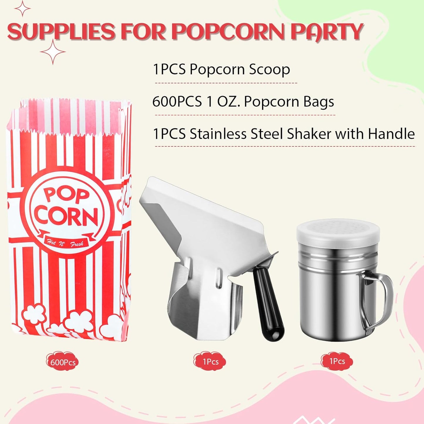Skiennix Popcorn Bags - 202 Pcs Individual Serving Bags with Scoop & Salt Shaker | Perfect for Movie Nights