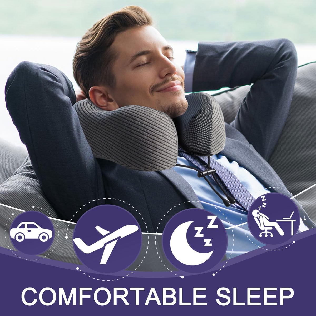Napfun Neck Pillow - Memory Foam Travel Pillow with Sleep Mask & Earplugs | Dark Gray Striped Kit