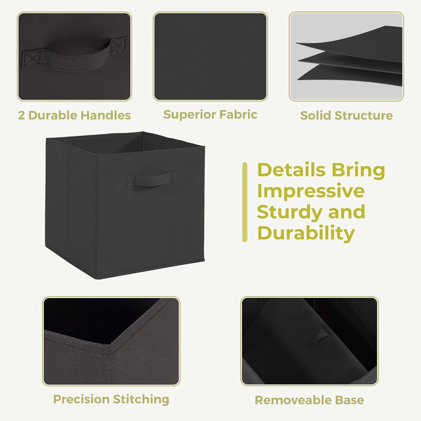 Skiennix 11x11 Storage Bins - Set of 3 Collapsible Fabric Organizers with Handles | Black