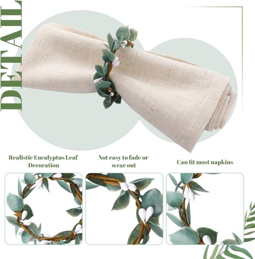 Domensi Eucalyptus Leaf Napkin Rings - Set of 6 Rustic Farmhouse Holders for Weddings & Dining Decor