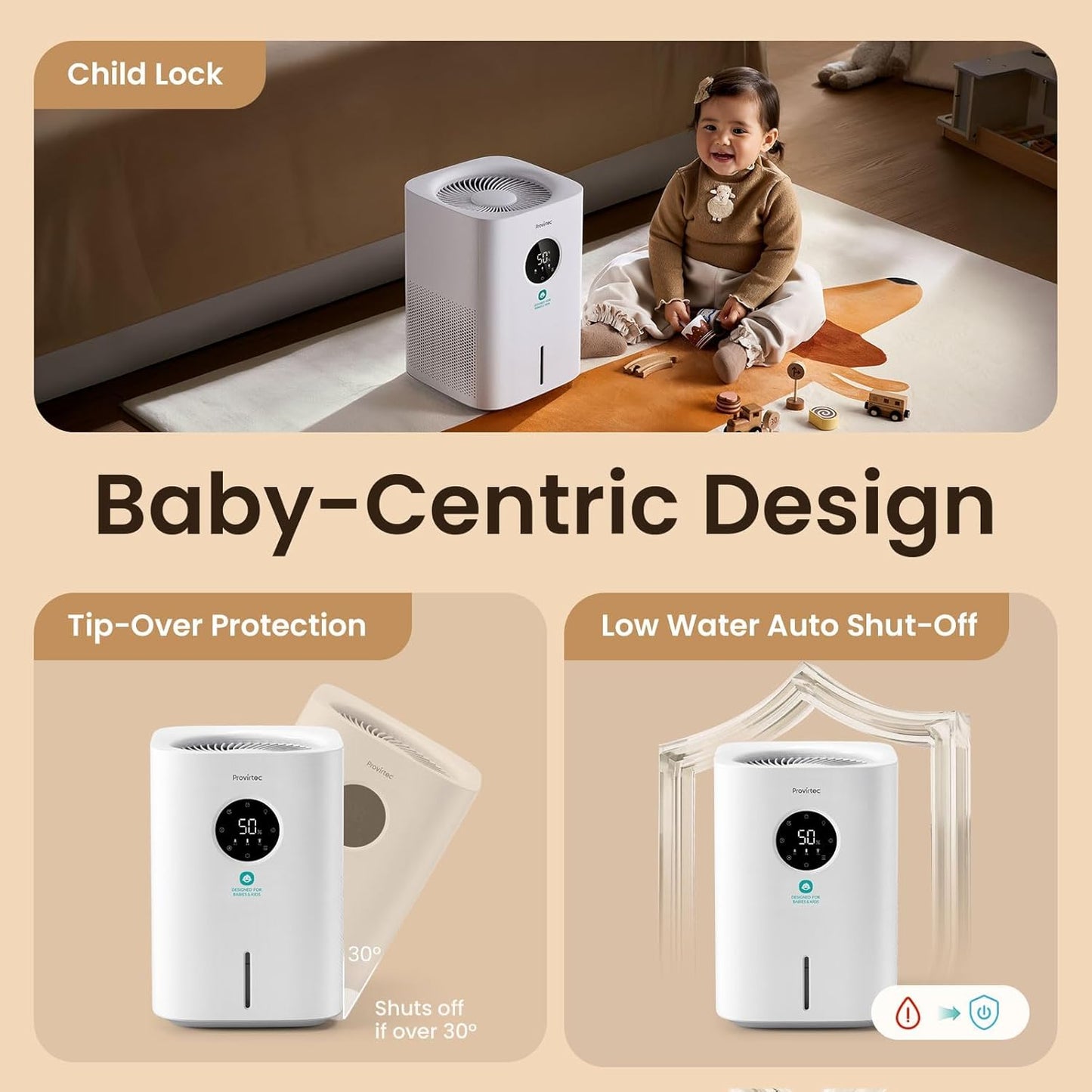 Provirtec Pro Baby Humidifier - Mist-Free, BPA-Free & Quiet 16dB | 4L Tank for Nursery & Kids