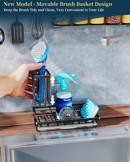 Consumest Sponge Holder - Kitchen Sink Caddy Organizer with Removable Drip Tray | 304 Stainless Steel - Black