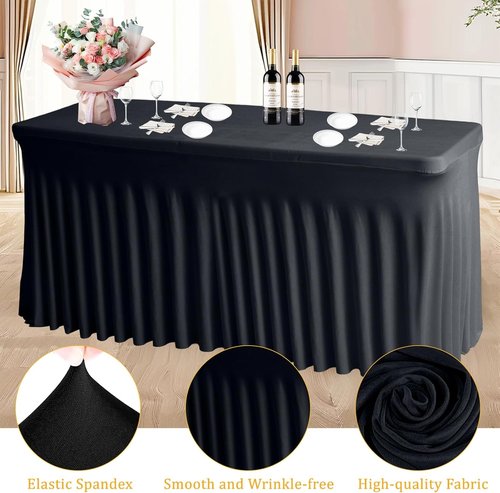 JCJ Table Skirt - Fitted Black Spandex Tablecloth for 4FT Rectangle Tables | Wrinkle-Resistant Design