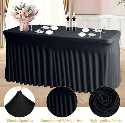 JCJ Table Skirt - Fitted Black Spandex Tablecloth for 4FT Rectangle Tables | Wrinkle-Resistant Design