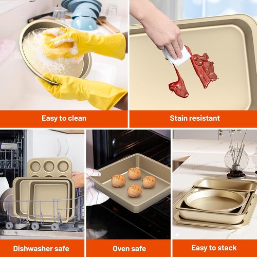 CasaCulina Nonstick Baking Pans Set - 5-Piece Bakeware with Round/Square Cake Pan & Muffin Tray | Gold