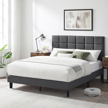 Susalt Full Size Platform Bed Frame - Upholstered Headboard, Linen Fabric, 800LBS Support, Grey