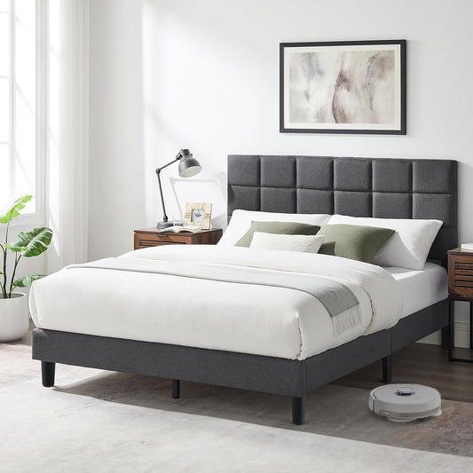 Susalt Full Size Platform Bed Frame - Upholstered Headboard, Linen Fabric, 800LBS Support, Grey