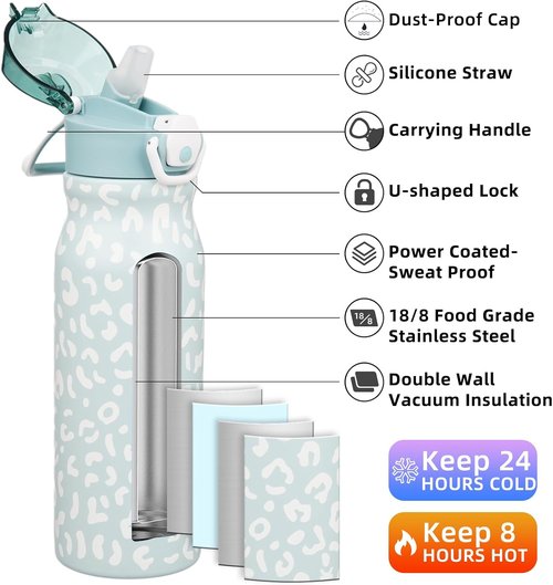 BJPKPK Insulated Water Bottle - 25oz Reusable Stainless Steel Flask with Straw & Leak-Proof Lid | Light Blue Leopard