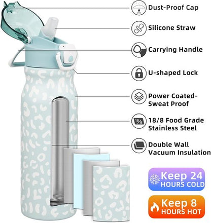 BJPKPK Insulated Water Bottle - 25oz Reusable Stainless Steel Flask with Straw & Leak-Proof Lid | Light Blue Leopard