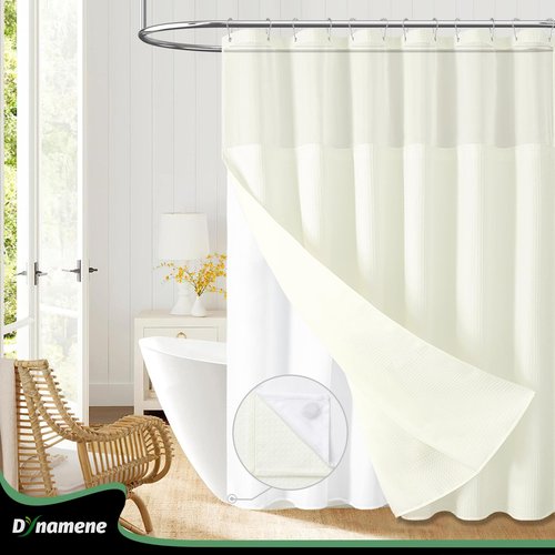 Dynamene 78 Inch Long Shower Curtain, Tall Waffle Fabric Shower Curtains for Bathroom, Hotel Waterproof Cloth Shower Curtain Liner Set with Hooks, Snap in Liner, Mesh Top Window, Cream, 72x78