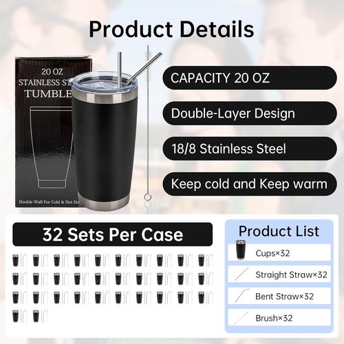 IEOVIEE 20oz Stainless Steel Tumblers - 32 Pack Double Wall Insulated Travel Mugs with Lids & Straws | Black